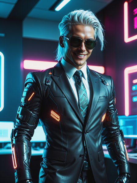 man wearing a suit and sunglasses, mad-neonbody, cyberpunk, futuristic office, neon light, white hair, light smile, dynamic pose <lora:Neon_Cyberpunk_Neon_Body_SDXL:0.6>, raw photo, film grain, (photorealistic, realistic:1.2), deep shadow,  8k, uhd, dslr, ultra high res