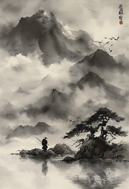 chinese meticulous ink, illustration, ink wash painting, Style-Japan, monochrome, watercolor, ( fine texture, masterpiece, ultra-detailed, very awa, best quality, very aesthetic, absurdres, newest, volumetric lighting, scenery, score_9, score_8_up, score_7_up), brown tones, aged black-red paper, Acer japonicum, inkpunk, surreal, BREAK,
Amidst an endless field of tall, whispering grass, a lone samurai warrior stands motionless, his silhouette etched against the sky like a forgotten ink painting. His posture is steady yet brimming with untamed energy, his multiple katanas resting at his side, blades reflecting the glow of embers smoldering on the ground. His topknot, carelessly tied, unravels slightly in the wind, stray strands dancing like ghosts of past battles. A flock of birds ascends in the background, their dark forms fleeting against the shifting clouds, as if sensing an impending storm. The entire scene is rendered in an evocative black-and-white ink style, where bold brush strokes and delicate shading capture the essence of a traditional Japanese aesthetic. Shadows stretch across the uneven terrain, and the embers pulse faintly, illuminating the lingering scent of fire and steel. Dramatic contrast amplifies the interplay of serenity and tension, a moment suspended between peace and the specter of violence. The composition is deeply cinematic, a portrait of a warrior both tranquil and formidable, lost in thought yet ready to strike at any moment, embodying the timeless spirit of bushidō.
