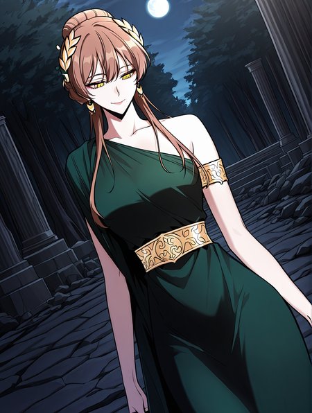 <lora:Omniscient_Readers_Viewpoint__Persephone:1>
1girl, solo, brown hair, long hair, braid, hair bun, hair ornament, yellow eyes, golden laurel crown, 
green dress, one shoulder dress, long dress, gold waistband, golden armlet, moon earrings, asymmetric dress, slit dress, greek style dress, bare shoulders,
score_9, score_8_up, score_7_up, very aesthetic, source_anime, detailed, high quality, beautiful, masterpiece, detailed eyes, forest, tree, ruins, cowboy shot, dynamic angle, upper body, light smile, dynamic pose