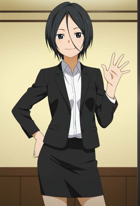 1girl,solo,black hair,short hair,black eyes,hair between eyes,anime coloring,
formal,jacket,pencil skirt,contrapposto, hand on own hip, waving,looking at viewer, smile,indoors
,masterpiece,best quality,amazing quality,<lora:Hiroko_Seto-Shigatsu_wa_Kimi_no_Uso_IL:0.8>