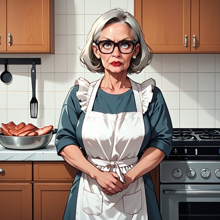 solo, score_7_up,  granny, apron with frills, huge tits, long blonde/grey hair, kitchen,   trout-pout <lora:Evil_Granny_Pony:.6> black glasses, red lips  <lora:OHWX_KUZT_LKJH_1024:.5>