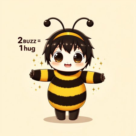anthro bee, furry female, cute, adorable, standing, looking at viewer , outstretched arms, chibi. The text alongside her reads “2 buzz = 1 hug”.