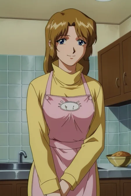 score_9, best, masterpiece, uncensored,
indoors,
1girl, solo, 1990s (style), retro artstyle, smile,
ApronOutfit, long pink apron with animal print on chest over long yellow turtleneck dress with long sleeves,
<lora:DWKojiKyoukoTamachi_V3:0.8>​​​