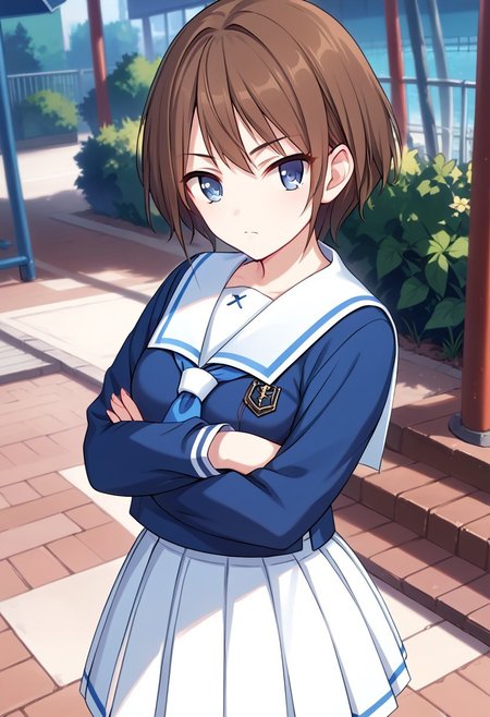 score_9, score_8_up, score_7_up, source_anime,YORI (PLAYER), 1girl, solo, looking at viewer, short hair, blue eyes, skirt,  brown hair, shirt, long sleeves, closed mouth, school uniform, standing, pleated skirt, serafuku, sailor collar, crossed arms, white skirt, blue shirt, white sailor collar