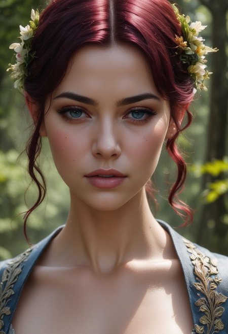 beautiful fragile Forest fairy covered in flowers, moss and leaves, dark forest, red hair, tender pretty face, dark fantasy, full body, athletic figure, realistic fairy wings, beautiful blue eyes, colorful flowers, 8k, wet and sweaty body, 8k, ultra realistic, hyper realistic, highly detailed, curves, beautiful perfect close-up pupils, daylight, fantasy style, high contrast, colorful polychromatic, beautiful firm Breasts, defiant and seductive, wet oily shiny skin, ultra detailed, (Intricately Designed dirty face: 1.3), Cinematic clorful lighting, realistic body and face, Photograph Taken on Nikon D750, Intricate, Elegant, Digital Illustration, Scenic, Hyper-Realistic, Unreal Engine, CryEngine, Octane Render, Artgerm, WLOP, Greg Rutkowski, 8k ultra high resolution concept art, hyper-defined, sharp focus, echoing, (hyperdetailed body and face: 1.3), Atrractive, Atrractive 21 years old woman, attractive bust girl