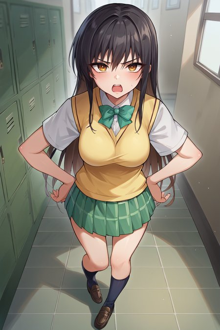 score_9, score_8_up, source_anime, BREAK 1girl <lora:kotegawayui-pdxl-nvwls-v1:1> kotegawayui, long hair, yellow sweater vest, white shirt, short sleeves, green bowtie, plaid miniskirt, green miniskirt, socks, loafers, hands on hips, open mouth, annoyed, looking at viewer, from above, lockers, hallway