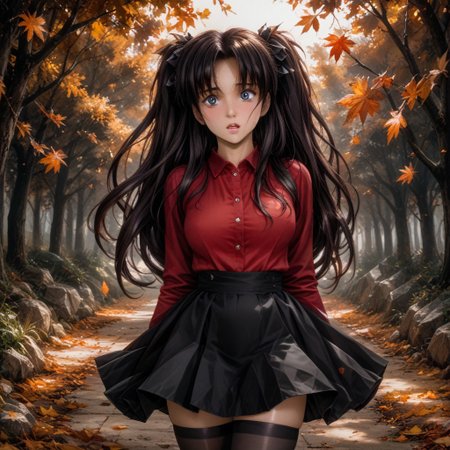 masterpiece,best quality, highly detailed, score_9, score_8_up, score_7_up, Expressiveh, tohsaka rin, 1girl, solo, from behind, looking at viewer, (wind), shiny skin, (uru5h1h4r4:1.3),
BREAK 
long hair, black hair, twintails, hair ribbon. blue eyes, wide-eyed, open mouth, surprised, embarrassed, full-face blush, floating hair, wavy mouth,
BREAK red shirt, long sleeves, narrow waist, miniskirt, black skirt, floating clothes, skirt lift, wind lift, skirt tug, v arms, ass, (buttplug), black thighhighs, 
BREAK outdoors, blue sky, leaf, petals, wind,