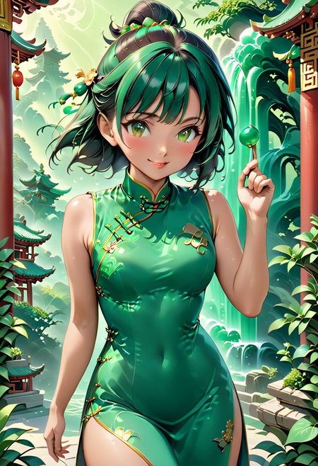 score_9, score_8_up, score_7_up, score_6_up, 1girl, petite body, 19yo beatifull, chinese girl, wearing green Cheongsam , fighting stance,  cute , shy, smile, background: chinese temple made out of jade, detailed background,  refreshing, dynamic lighting, dramatic and magical,