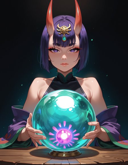 score_9, score_8_up, score_7_up, score_6_up, score_5_up, score_4_up, 1girl, shuten_douji_\(first_ascension\)_\(fate\), hud_cryst4l_b4ll, glowing, crystal ball, orb, upper body, table, <lora:hud_cryst4l_b4ll_XLP:0.6>
