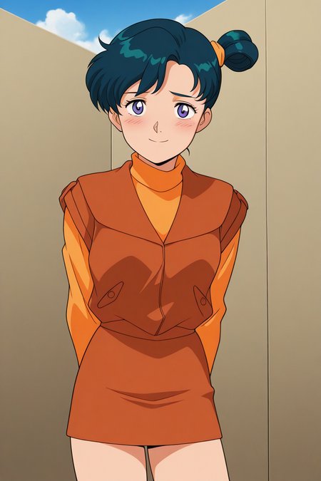 masterpiece, best quality, source_anime,official art,perfect_anatomy,retro_artstyle, 1girl,Martina,blue hair,short hair,side ponytail,hair bun,vest,turtleneck,(beautiful detailed face,looking_at_viewer,smile,blush,shy),cowboyshot,hands behind back,miniskirt,thighs,day,blue_sky,cloud