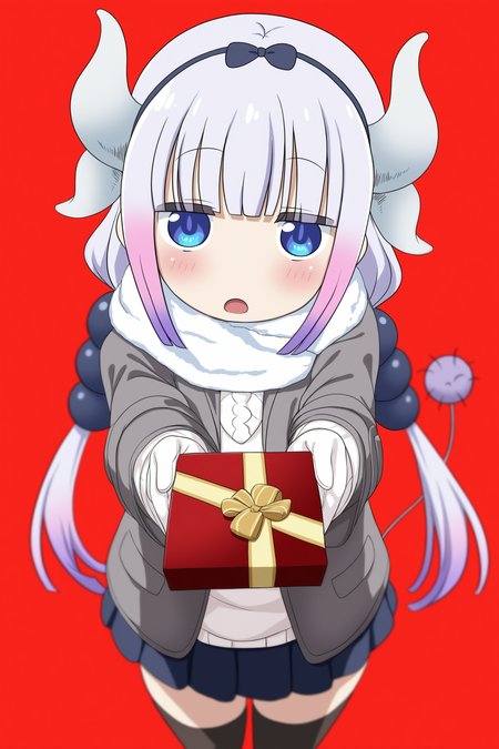 kobayashi-san chi no maidragon, kanna kamui, 1girl, child, (((aged down, petite))), blue bow, blue eyes, blue hairband, blunt bangs, blush, bow, bow hairband, dragon girl, dragon horns, dragon tail, hair bobbles, hair bow, hair ornament, hairband, horns, long hair, low twintails, no nose, purple hair, raised eyebrows, sidelocks, solo, tail, twintails, thick thighs, simple background, red background, looking at viewer, :3, open mouth, blush, embarrassed, (upper body), white scarf, open jacket, grey jacket, winter clothes, winter coat, long coat, white sweater, black skirt, skirt suit, pencil skirt, miniskirt, black thighhighs, zettai ryouiki, white earmuffs, white gloves, valentine, happy valentine, box of chocolates, incoming gift, from above, close-up, 
gaou \(babel\), (shiina excel, mochitsuki kagami:1.15), 
(masterpiece, best quality, absurdres, highres, newest, very awa:1.2), 