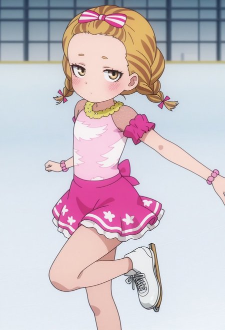 Masterpiece , best quality , amazing quality , anime screencap   ,a girl , leg up  , kkana    , looking at viewer  , skirt , dress  ,twin braids  , skating   , ice skater  , blonde