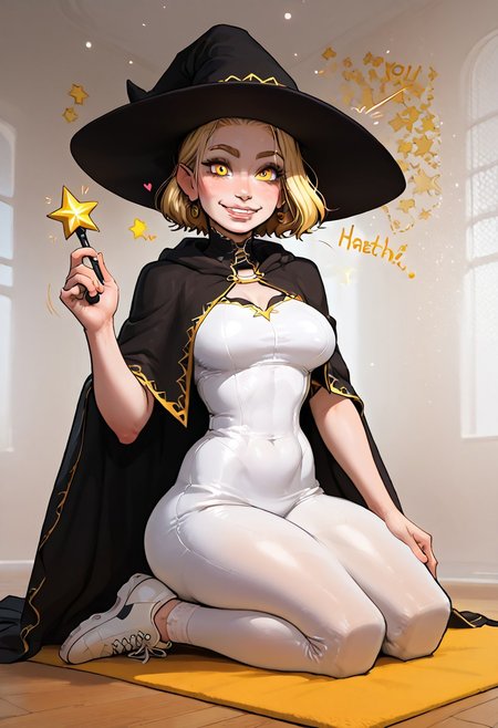 score_9, score_8_up, score_7_up, 1girl, slim petite woman with large chest breasts, teaching at wizard school , hand hold up a glowing wand,
happy, gorgeous face, cute, bounce breast, blushing, perfect eyes,
wearing dark cloak with star pattern , full coverage robes, pointy moon and star pattern witch hat, white sneaker shoes, bounce lines, hearts, golden stars, electric bolts, excitement lines,
blonde medium cut hair,
aqua color gym , golden hour light effects, cast shadows over subject, morning light,
detailed background, detailerlora,
skindentation, SkinDetail, 1nc4s3, Expressiveh, yoga