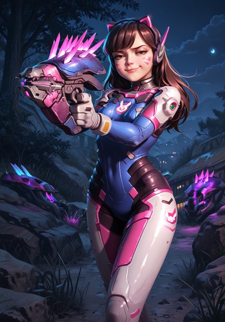 masterpiece, best quality, amazing quality, very aesthetic, absurdres, newest, d.va_\(overwatch\), 1girl, ((smug)), outdoors, night, needler_\(weapon\), crystals,aiming, solo,<lora:needler.safetensors:1.0:1.0>