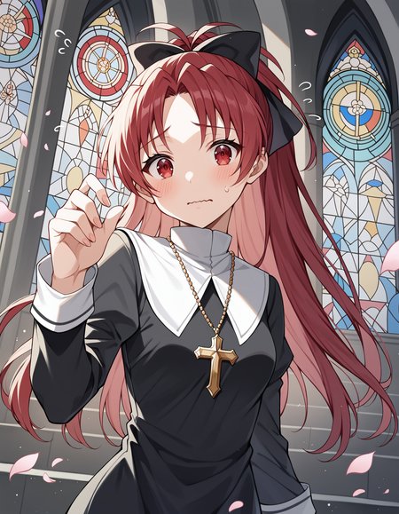 score_9, score_8_up, score_7_up, source_anime, rating_safe, BREAK <lora:kyokoSakuraXL_LoRA-C3Lier_AdamW_Dim8_Alpha8_UN-3e-4_TE-1.5e-4_10batch_ponyDiffusionV6XL_v6StartWithThisOne:1:lbw=LC-OUT05>, sakura kyoko, 1girl, long hair, red hair, ponytail, red eyes, small breasts, hair bow, black bow, nun, embarrassed, surprised, flying sweatdrops,wavy mouth, hand up, looking at viewer, facing viewer, dutch angle, flower, petals, stained glass, sunlight, church