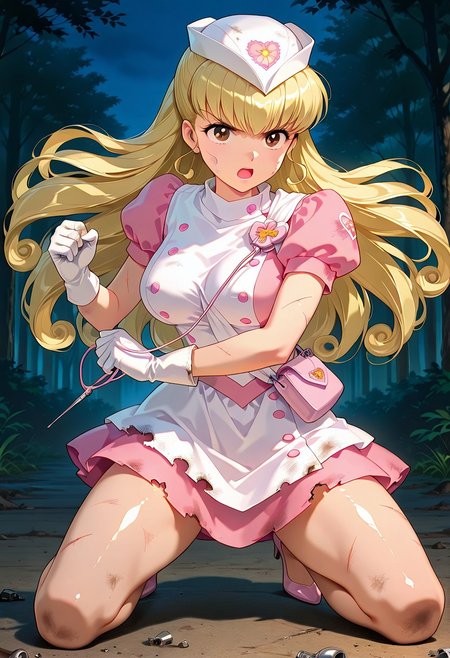 masterpiece, best quality, very aesthetic, absurdres,detailed background,  shiny skin, posing,  
<lora:ririka.il:1>
ririka, nurse angel, large breasts, wide hips,NSFW, BDSM, latex nurse angel costume, open mouth, 
fighting stance, serious face, making fists, outside, night, open mouth, torn cloths, defeat, kneeling, dirty, scar,