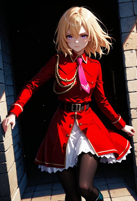 <lora:Jill Savelle:0.9>, CDE_JE,purple eyes,medium hair,blonde hair,hair between eyes, black pantyhose,pink necktie,red dress,cross-laced footwear,belt,military uniform, 
general, dutch angle, from front,, dynamic pose, 
masterpiece, best quality, absurdres, highres, very aesthetic, high quality, detailed, insanely detailed, beautiful, high saturation, high contrast, 
(photo background:0.3), depth of field, 
<lora:noobai_vpred_1_masterpieces_v1:1>, very awa, 
<lora:noob1.1-lineart_adjust1-mki:-0.5>, 
<lora:IllustriousTweakerLora_v4-detail_1457119:0.8>, <lora:LECO_StickClotch:1.5>, <lora:LECO_Particles:1>,
