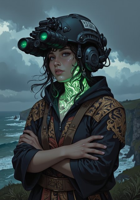 detailed digital art of upper body shot of young woman wearing n0ds on head attached to the front of the high tech military helmet dual-tube horizontally aligned cylindrical lenses attached to the front , A woman in a traditional Maori cloak, standing on the edge of a cliff overlooking the ocean. She wears a modern military helmet with a matte black finish, the surface adorned with intricate tribal patterns. The helmet is equipped with two night vision gogglesâlong black tubes with glowing green lensesâthat sit above her eyeline, ready to be flipped down. The helmetâs communication device is seamlessly integrated, with small, discreet wires that blend with the helmetâs design. She stands with her arms crossed, the wind whipping her cloak around her. The ocean below crashes against the cliffs, the sound of the waves mixing with the howling wind. The green glow from the goggles contrasts with the dark, stormy sky, adding a touch of mystery to the scene. Her expression is one of fierce determination, as if she is preparing for a battle that will take place on both land and sea., at night, luminescent green bio ink designs on her exposed skin on her neck and arms, (bio ink:0.85)<lora:n0ds_epoch_23.safetensors:1.0:1.0> <lora:BioInk2FLUX.safetensors:0.85:0.85>