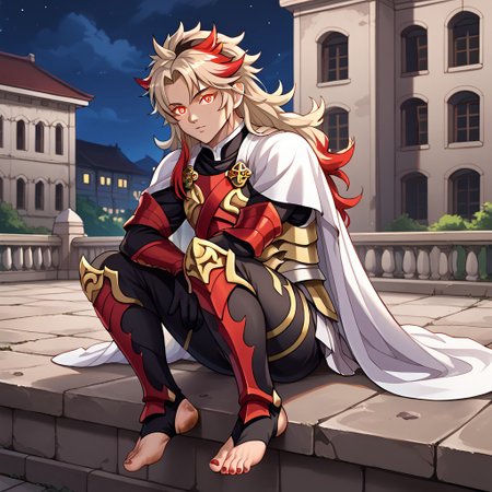 masterpiece, best quality, sharp aliasing, highly detailed, 1male, male body, male,EPfeCorrin, white cape with flames, armour, black gloves, black pants, wearing pants, outdoors, stone tiled ground, buildings, night, barefoot, toeless legwear, armoured legwear, shin armour, leg armour, leg and shin amour, stirrup legwear, black stirrups, 5 toes, Quality, High Definition, Full body view, solo, rengoku kyojuro, forked eyebrowns, long hair, two-tone hair, multicolored hair, red eyes, sword, red toenails, dirty feet, glowing eyes, sitting, side view, sitting on ledge