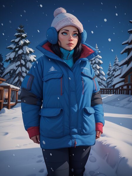 score_9, score_8_up, score_7_up, score_6_up, score_5_up, score_4_up, 1 woman, close up, black hair, winter hat, blue puffer jacket, thick blue down jacket, zipped up, bundled up, snow pants, puffer pants, thick pants, black pants, outdoors, snowy landscape, freezing cold, snowstorm, night, snowing, covered in snow and ice, snowing, heavy snowfall, <lora:Polar_Parka_-_Pony:1>