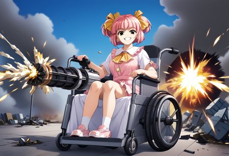 score_9, score_8_up, score_7_up, score_6_up, score_5_up, score_4_up, source_anime, rating_explicit, game cg BREAK ItsukiMomoko, 1girl, solo, pink hair, brown eyes, short hair, pom pom (clothes), hair ribbon, bangs, short twintails, happy smile, wheelchair, sitting, holding ranged weapon, gatling gun, firing, casing ejection,destruction, embers, explosion,smoke, background, operating room