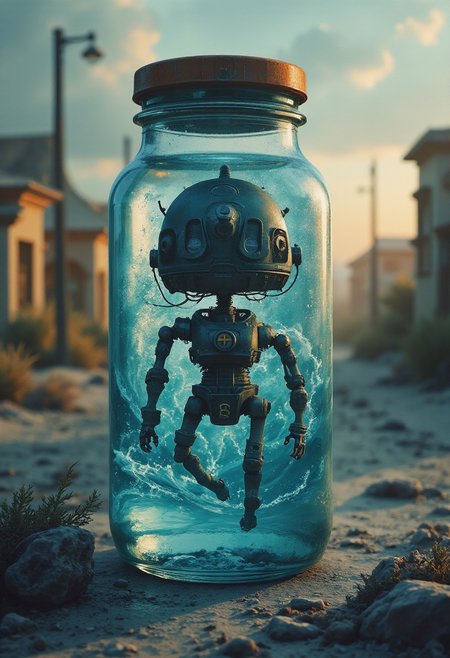 Jedhydipa, Digital painting of a witchpunk robot submerged inside a clear bottle of water in a desert street, intricate mechanical features blending with magical elements like glowing runes and ethereal mist, photorealistic reflections and refractions through the glass and liquid, cinematic lighting casting dramatic highlights and shadows, a surreal fusion of technology and mysticism, atmospheric and detailed.