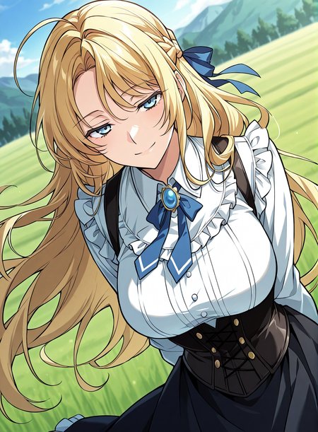 <lora:Kiri_Frodmain Illustrious:1>
1 girl, solo, blue eyes, blonde hair, long hair, loose hair, french braid, bangs, large breasts
black skirt, white shirt, ahoge, blue ribbon, long sleeves, hair ribbon, brooch, jewelry, corset, high-waist skirt, blue necktie, collared shirt, frills
score_9, score_8_up, score_7_up, very aesthetic, source_anime, detailed, high quality, beautiful, masterpiece, detailed eyes, field, blurry background, pose dynamic angle, upper body, cowboy shot, light smile, floating hair, half-closed eyes, hands behind back, leaning forward, looking forward, looking at viewer