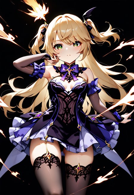 embedding:zPDXL3 (zPDXL3), score_9,score_8_up,score_7_up, masterpiece, (black background:1.5), simple background, fischl_(genshin_impact), genshin_impact, 1girl, blonde_hair, green_eyes, chuunibyou pose, from above, perspective, sparks, thighhighs