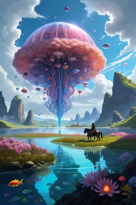 AI zen noon with digital rock formations, Summer heat death of obsolete data lakes , adaptive rococo, Bioluminescent mangrove with jellyfish-like spores,Psionic typhoon teleporting architecture fragments,Astral projection glow around out-of-body avatars, AI coral reef processing exabyte tides, Undulatus asperitas displaying MRI scan waveforms, quantum shepherds guiding multiverse cattle, void-milk opalescence -prenatal cosmos,, frozen lake, rainbow midday,weather sweaty panting cinematic view, epic sky, detailed, concept art, low angle, high detail, warm lighting, volumetric, godrays, vivid, beautiful, trending on artstation, by jordan grimmer, huge scene, grass,flower, art greg rutkowski,