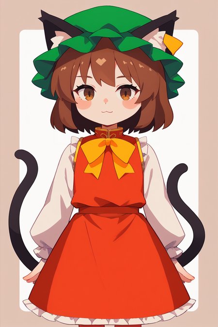 score_9, score_8_up, score_8, score_9, 1 girl,  source_anime, <lora:chen_pony-10:1>, chen, brown hair, brown eyes, cat ears, red dress, long sleeves,  green hat, mob cap, two tails, flat chest, white_sleeves, yellow ribbon, frills,  <lora:Flat_style-000002:0.8>
