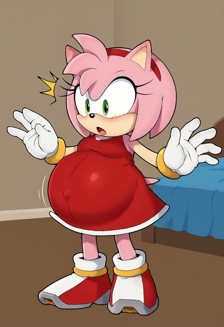<lora:Expressive_H:0.7>, Expressiveh, <lora:blobmodel2-12:0.9>, onmodelblobian, furry female, sonic (series), solo, 1girl, amy rose, pink fur, red headband, full body, red dress, gold bracelet, short hair, white gloves, green eyes, hyper_preg, pregnant. belly inflating, shocked, arms spread out, blush, living room, looking down,