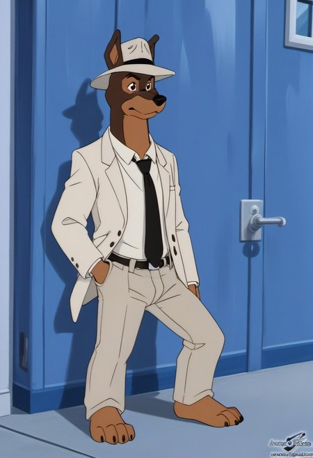 score_9, score_8_up, score_7_up, score_6_up, score_5_up, score_4_up, photorealistic, realistic, masterpiece), furry male, detailed face, detailed eyes, detailed hair, detailed fur, solo, WB_SketchV1
BREAK
Martin_Torque, Doberman, Anthro Dog, Brown Fur, Tan Markings, black eyes, black nose, white suit, white shirt, black tie, hat, fedora, white fedora, white pants, footpaws
<lora:DetailedEyes_V3:1>