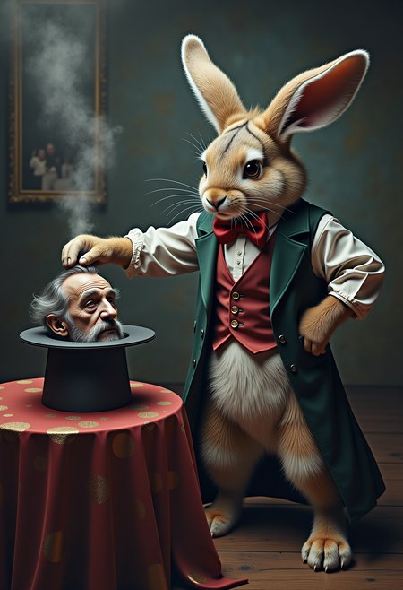 in an alternate universe an anthropomorphic rabbit magician standing next to a table with a magician hat on it pulls an old man by the hair out of a magician hat  <lora:Dever_Flux_Enhancer:0.5>