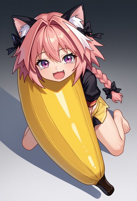 score_9, score_8_up, score_7_up, source_anime,
BREAK
1girl, solo, 
astolfo \(fate\), 
<lora:shiBananaV1:1.25>, shibananaoutfit, banana costume, 
full body, 
open mouth, smile, looking at viewer, 
cat girl, chibi, cat ears, crying, meme, official alternate costume