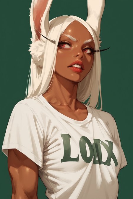 1girl, animal ears, solo, rabbit ears, shirt, long hair, dark-skinned female, t-shirt, dark skin, rabbit girl, upper body, white shirt, red eyes, white hair, teeth, breasts, collarbone looking to the side, short sleeves, green background, simple background, eyelashes, print shirt, clothes writing, parted bangs, makeup, long eyelashes, lipstick, parted  red  small breasts, buck teeth, pink eyes, medium breasts, mirko,, zPDXL3, detailxl,  Score_PnyReal, (lineless:1.5)