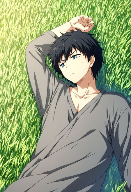 high resolution, solo, best quality, 1Boy, Arata Kaizaki, Black Hair, Blue Eyes, sleep, meadow hills, wind breeze, OverallDetail