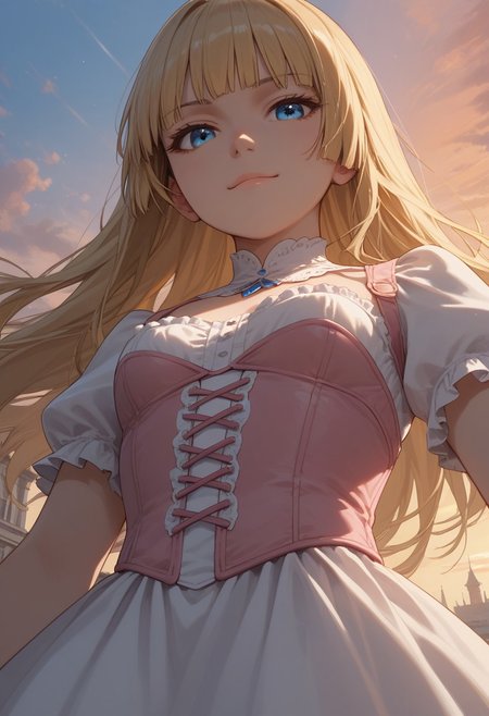 (score_9, score_8_up, score_7_up), 1girl, solo,( blonde hair), blue eyes, long hair, hime cut, long bangs, small breasts,  pink corset, frills, white dress, sunrise, 
( face focus, from below, close-up:1.4), rooftops, mansion, city,
fisheye, (relaxed, dutch angle:1.2), 
(smug:1.2)
