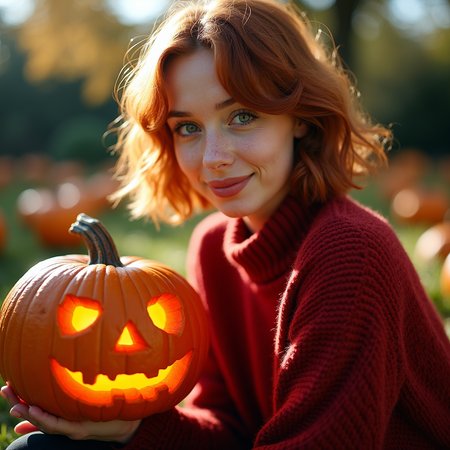 The photograph in question is a stunning production still, capturing a young woman with short red hair, dressed in a textured red wool sweater, sitting in a London garden during a sunny Halloween day.  She is holding a terrifying-looking carved pumpkin, with a red glowing from inside, in her hand.  The photograph is shot on 35mm film, providing a timeless and classic quality to the image. The lens used is sharp, rendering every detail of the scene with crisp clarity.
The photograph is taken from a low angle, looking up at the subject, creating a sense of intimacy and vulnerability. The close-up shot focuses on the subject's face and upper body, with a side profile view that showcases her candid smile and the warmth in her expressive eyes. Her green eyes are the focal point of the image, catching the light in a way that is both appealing and alluring.
The garden surrounding the subject is daytime autumn garden, with carved pumpkin all around, providing a natural and organic backdrop to the scene. The sunlight filters through the garden, casting a warm and inviting light on the subject's face. The professional lighting and color grading of the photograph enhance the clean and sharp film look, with even lighting that highlights the subject's light freckles, natural skin imperfections, and visible skin pores.
Overall, the photograph is a beautiful and evocative image that captures the spirit and personality of the young woman in a candid and authentic way. The combination of the 35mm film, sharp lens, low angle, and close-up shot creates a stunning visual that is both timeless and modern, making it a perfect production still for a movie.