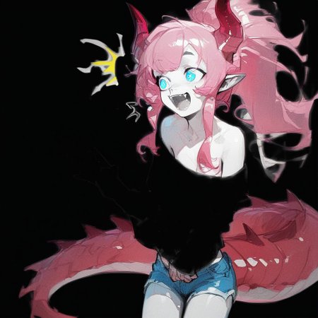 (Blend_in, black background), score_9, score_8_up, score_7_up, masterpiece, best quality, absurdres, vibrant, highly detailed, sketch, monochrome, greyscale, spot color, 1girl, Lynn Pink, blue eyes, pink hair ponytail, tail, horns, pointy ears, fangs, (((adult))), small breasts, denim shorts, simple shirt, long sleeves, off shoulder, no bra, happy, (^^, :D:1.5)