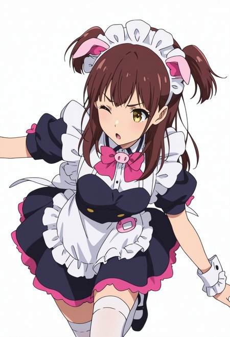 Smooth Quality,masterpiece,very intricate, high quality details, ultra realistic, high detailed skin,detailed enviorement,absurdres,anime screencap, 
simple background, white background, dancing, solo
 <lora:Wahira_Nagomi_CNR:0.8> wahira_cnr, 1girl,brown hair, long hair, two side up, yellow eyes,pig ears, fake animal ears,maid, maid headdress, maid apron, puffy short sleeves,white thighhighs, black footwear, wrist cuffs, frills, pink bowtie,, determined,, ;o,