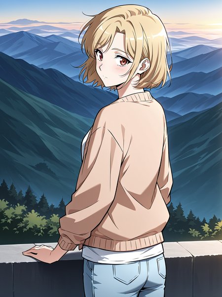 <lora:Omniscient_Readers_Viewpoint__Shin_Yoosung:1>
1girl, solo, short hair, blonde hair, soft expression, light skin,  red brown eyes,
light brown cardigan, white t-shirt, light blue jeans, casual outfit, long sleeves, rolled cuffs,
score_9, score_8_up, score_7_up, source anime, BREAK, cowboy shot, (from side), looking back, looking at viewer, overlooking mountain, high altitude, scenery, exterior, background