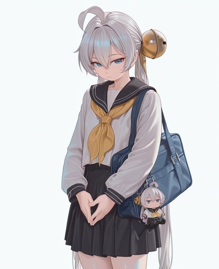<lora:naruto05:1> naruto05,
(masterpiece), (best quality), (ultra-detailed), amazing quality, very aesthetic, illustration, perfect composition, intricate details, absurdres, incredibly absurdres, shiny skin, realistic,
 naruto05, 1girl, bag, solo, skirt, school uniform, blue eyes, neckerchief, ahoge, sailor collar, bell, simple background, long hair, serafuku, long sleeves, white background, hair bell, looking at viewer, pleated skirt, hair ornament, shirt, white shirt, black skirt, twintails, yellow neckerchief, school bag, hair between eyes, black sailor collar, grey hair, closed mouth, jingle bell, , blue , own hands together, cowboy shot, very long hair, character doll, white hair, general