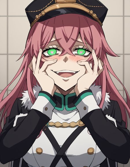 score_9, score_8_up, score_7_up, source_anime, <lora:princia-funnybunny-movie-ponyxl-lora-nochekaiser_r1:1>, princia funnybunny, long hair, green eyes, pink hair, red hair, crossed bangs, sidelocks, hat, jacket, belt, uniform, fur trim, military, military uniform, peaked cap, large breasts,, hospital room, bedside, get well flowers, comforting, quiet, , <lora:yandere-trance-ponyxl-lora-nochekaiser:1>, yandere trance, yandere, hands on own cheeks, hands on own face, crazy eyes, crazy smile, crazy, heart-shaped pupils, glowing eyes, symbol-shaped pupils, hand on own face, open mouth, glowing, blush, looking at viewer,, looking at viewer, solo,, dutch angle, cowboy shot