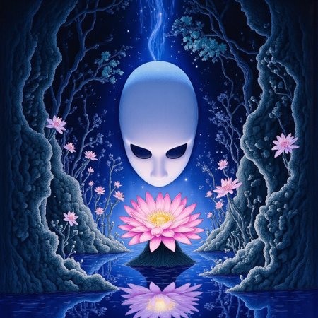 high definition digital animation depicting a cursed no-face mask radiating an eerie cyan and magenta aura blooming out of a blue lotus in a liminal bonsai garden, Studio Ghibli Dark Fairytale