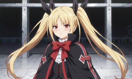 score_9, score_8_up, score_7_up, score_6_up, score_5_up, score_4_up, source_anime, anime screencap, masterpiece, insanely detailed, detailed background, zPDXL3, BREAK, RachelAlucardBB,1girl,solo,long hair,blonde hair,red eyes,red bow,ribbon,twintails,black hair ribbon,small breasts,frills,red bow,ghotic fashion,black capelet ,red cross pattern,black dress