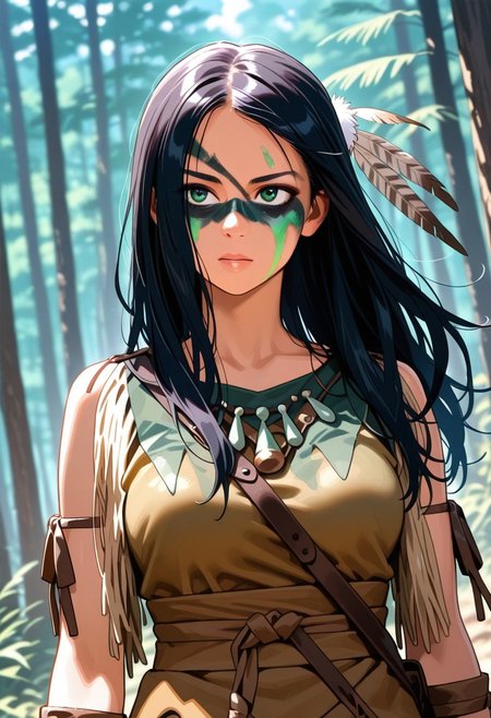 masterpiece, best quality, amazing quality, very aesthetic, absurdres,  newest, detailed background, upper body, outdoors, dynamic angle, 4k, 8k, jungle
naruprey, solo, 1girl, black hair, long hair, green facepaint, black facepaint, multicolor facepaint, feather hair ornament, tribal, 
 <lora:Naru_-_Prey_Illustrious:1>