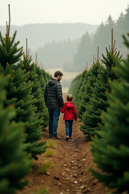 Cinematic style,  <lora:Sinfully_Stylish_.02_for_FLUX:1> A Christmas tree farm, rows of perfectly shaped trees, a family choosing the perfect treeâââ