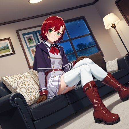 masterpiece, best quality, score_9, score_8_up, score_7_up, full body, 1 girl, looking at viewer, cowboy shot, dutch angle, indoors, sitting on couch, living room, night, blush, smile, amyu, green eyes, red hair, short hair, latex school uniform, garter straps, pleated latex skirt, white latex thighhighs, latex thighhighs, brown latex boots, flat boots, brown latex gloves