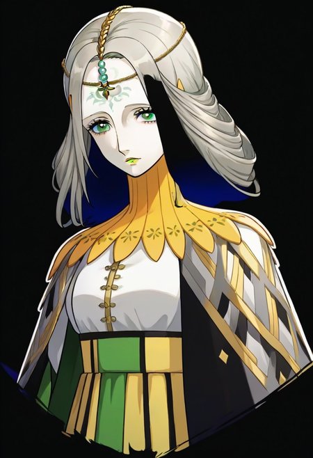 source_anime, 1girl, white skin, grey hair, forehead tattoo, green eyes, green lips, hair decoration, head chain, wrinckles, high yellow collar, medieval dress, white and green dress,<lora:Joanna_-_Metaphor_ReFantazio_-_Pony:1>