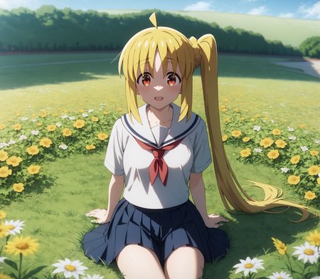 score_9, score_8_up, score_7_up, highres, hi res, best quality, masterpiece, 2d, intricate details, 4k, anime coloring, shadow, uncensored,
1girl, solo, female, :3, long hair, blonde hair, red eyes, ahoge, sidelocks, side ponytail, detached ahoge,
school uniform, serafuku, sailor collar, sailor fuku, pleated skirt, necktie, red bow, red necktie, 
cowboy shot, three-quarter portrait, facing viewer, front view, sitting, 
flower field, outdoors, grass, on grass, depth of field, motion blur, <lora:Nijika_Ijichi_1024_Pony:1>, ijichi nijika, bocchi the rock!,